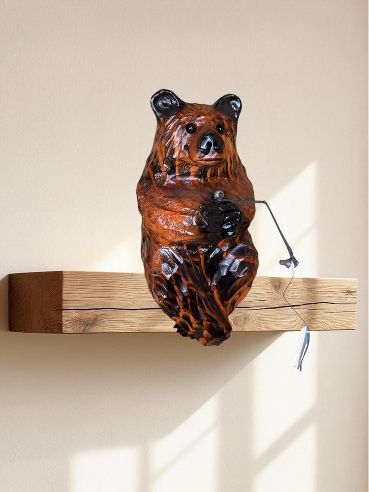 Chainsaw Carved Brown Bear Sitting on Ledge with Fishing Pole – 15” – Northwest Woodcarvers