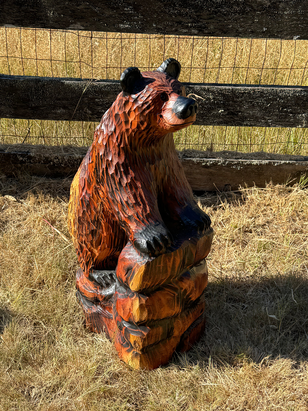 32-Inch Bear Carving on Rock Base – Hand-Carved Wood Sculpture