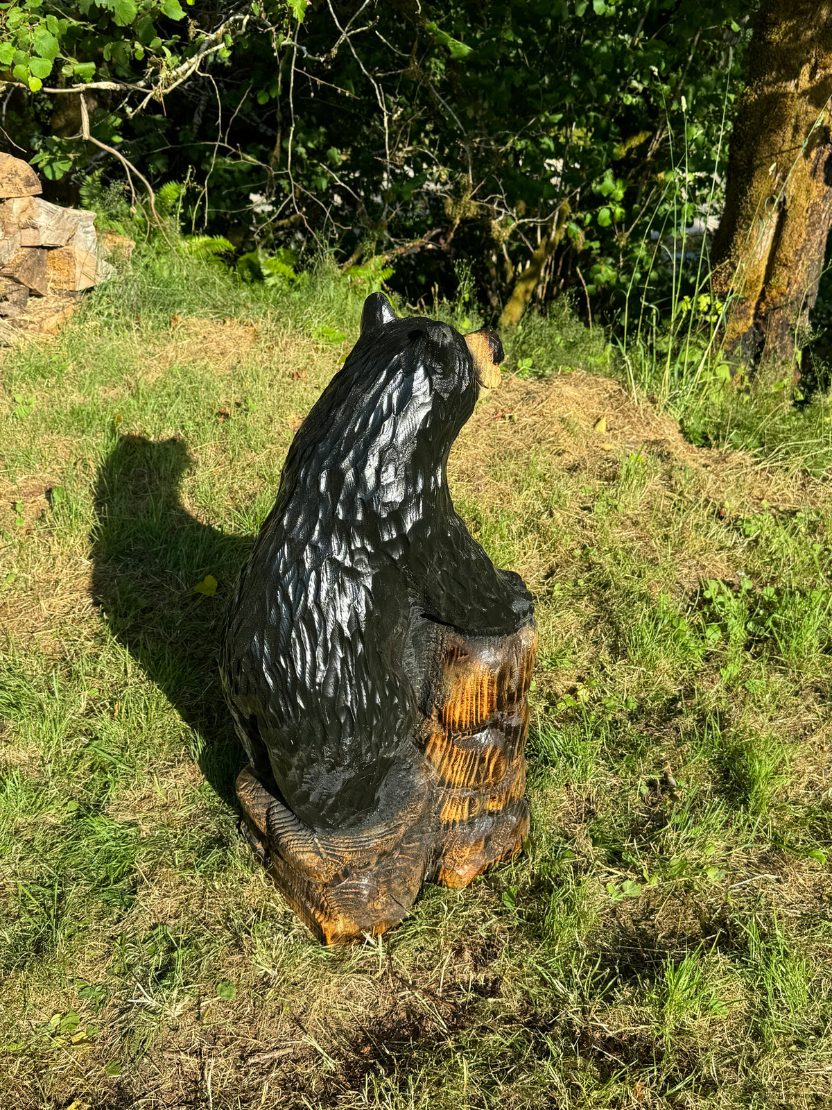 32” Chainsaw Carved Bear on Rock Base – Redwood Wood Sculpture