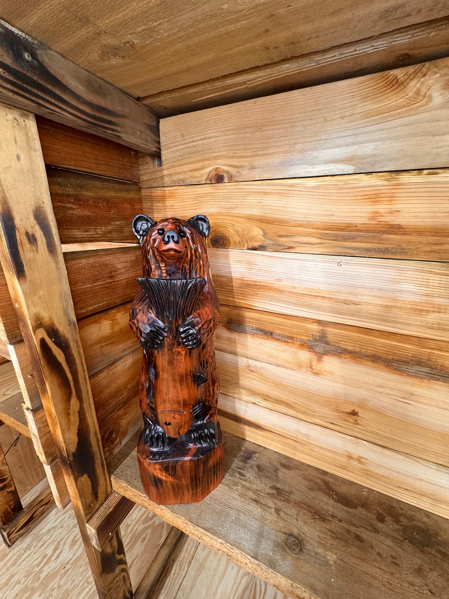 Handcrafted Wooden Bear with Fish 30" - Brown