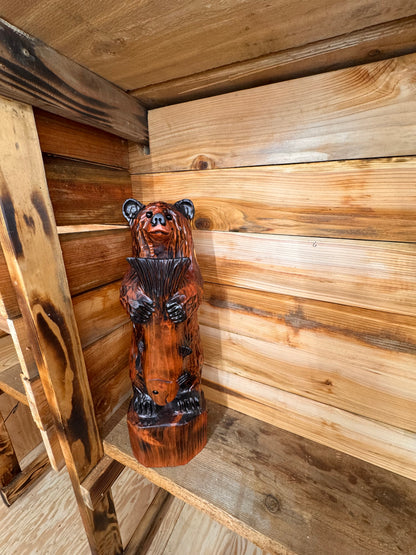 Handcrafted Wooden Bear with Fish 30" - Brown