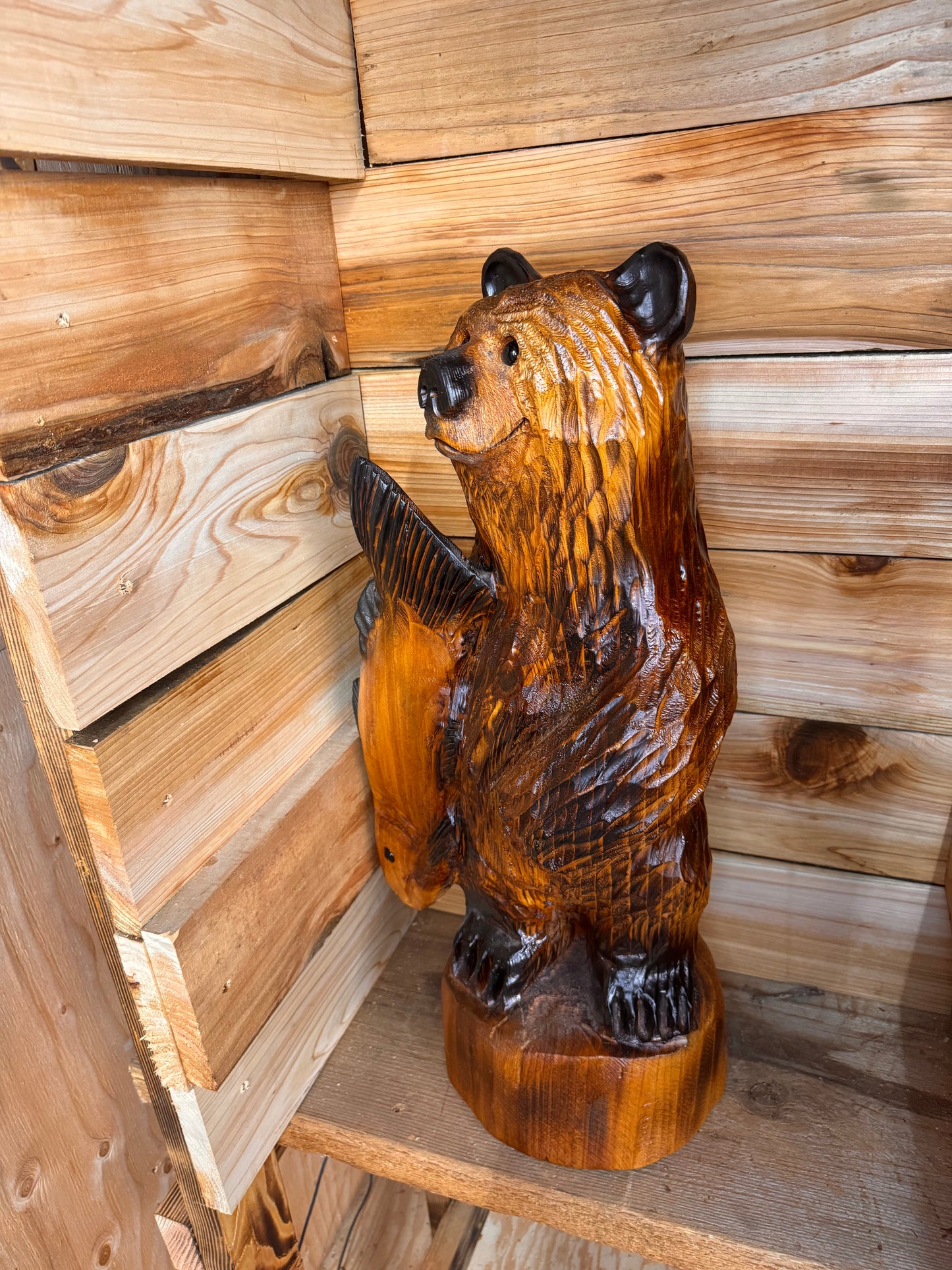 Chainsaw Carved Standing Bear Holding Fish – 24” Western Red Cedar