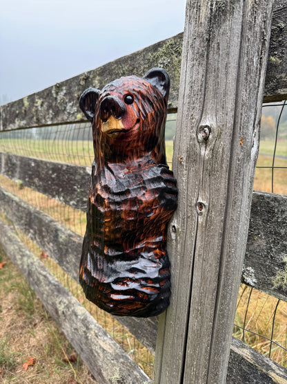 Wood Carved Climbing Bear for Posts, Poles, Trees, and More - 15 Inches, Easy to Mount and Display - Brown