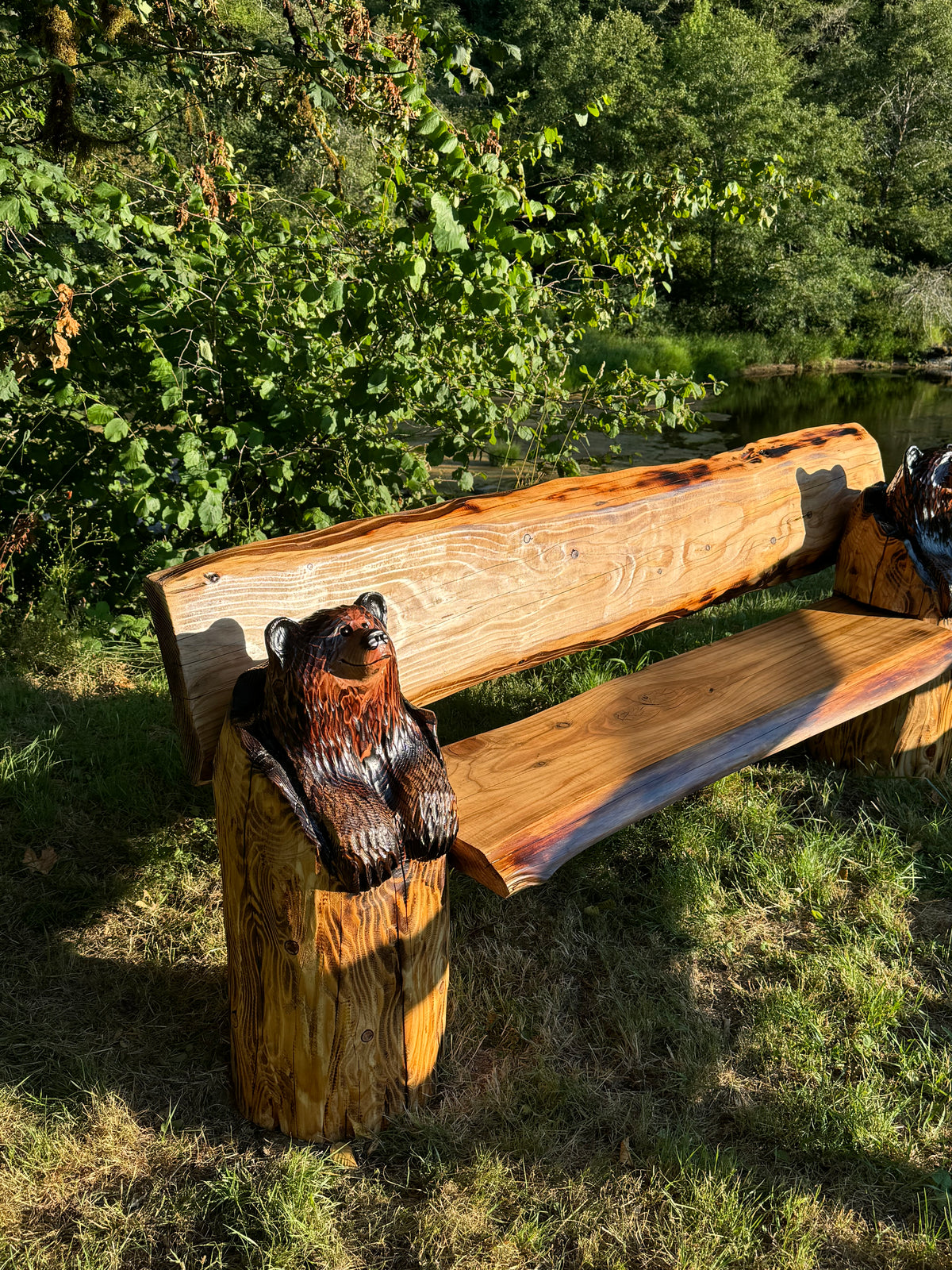 Hand Crafted Bench - Bears in Logs - Live Edge Slabs - Multiple Lengths - Brown