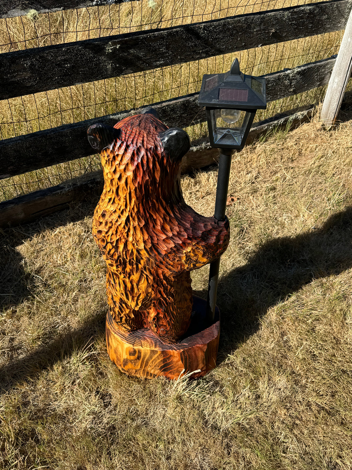 Chainsaw Carved Redwood Bear with Solar Lantern – 40”