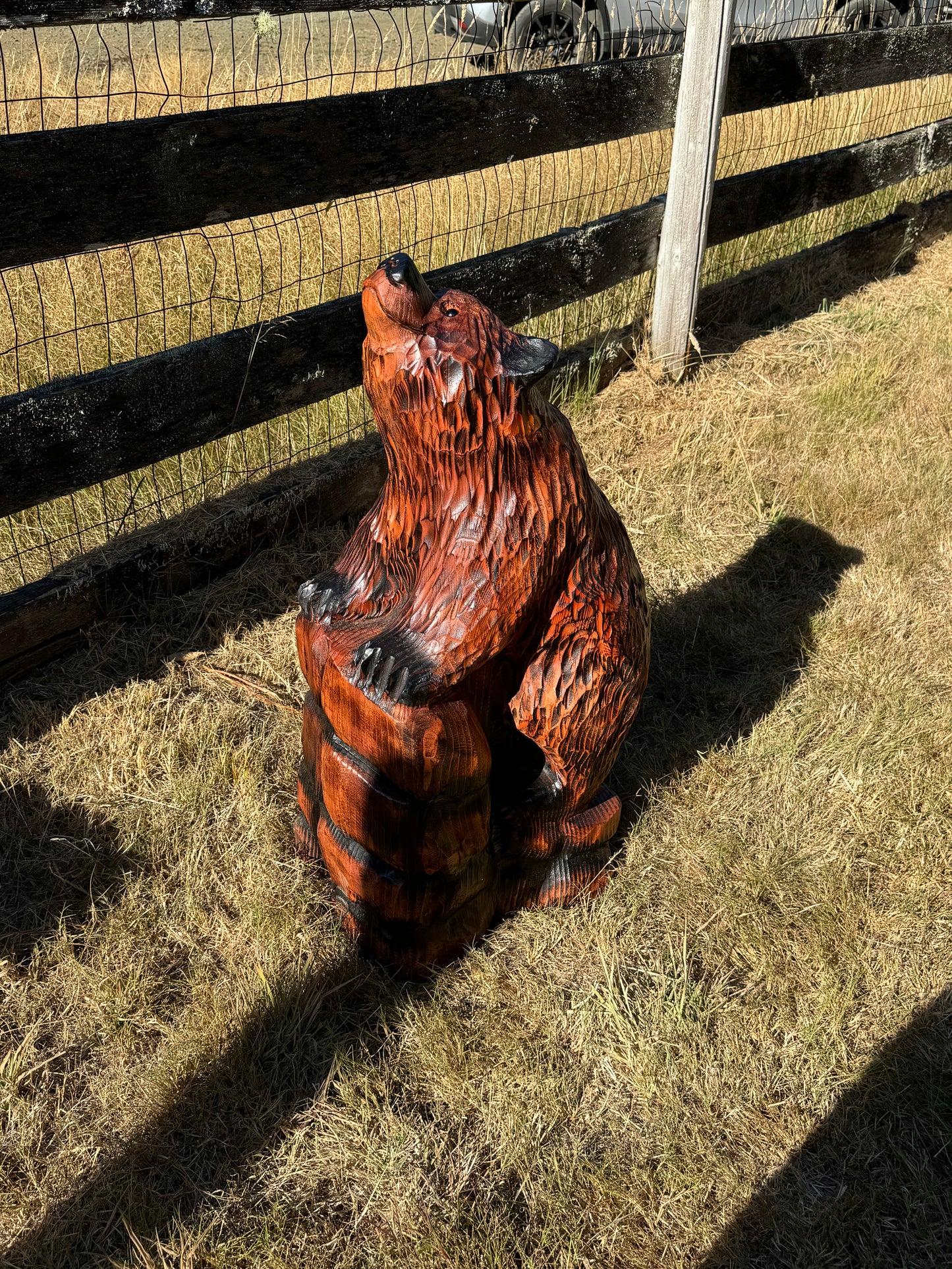 32" Chainsaw Carved Bear on Rock Base Sculpture