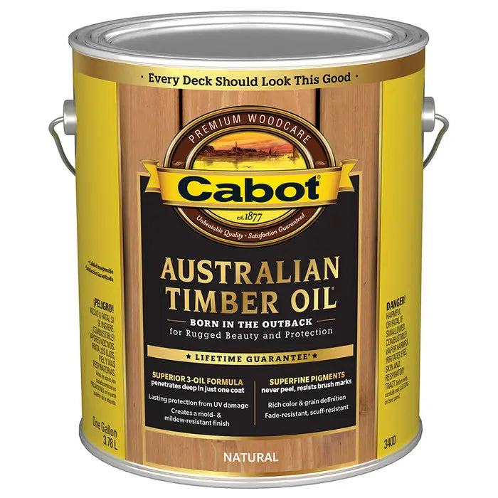 Can of Cabot Australian Timber Oil with wooden texture background