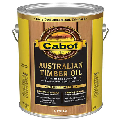 Can of Cabot Australian Timber Oil with wooden texture background