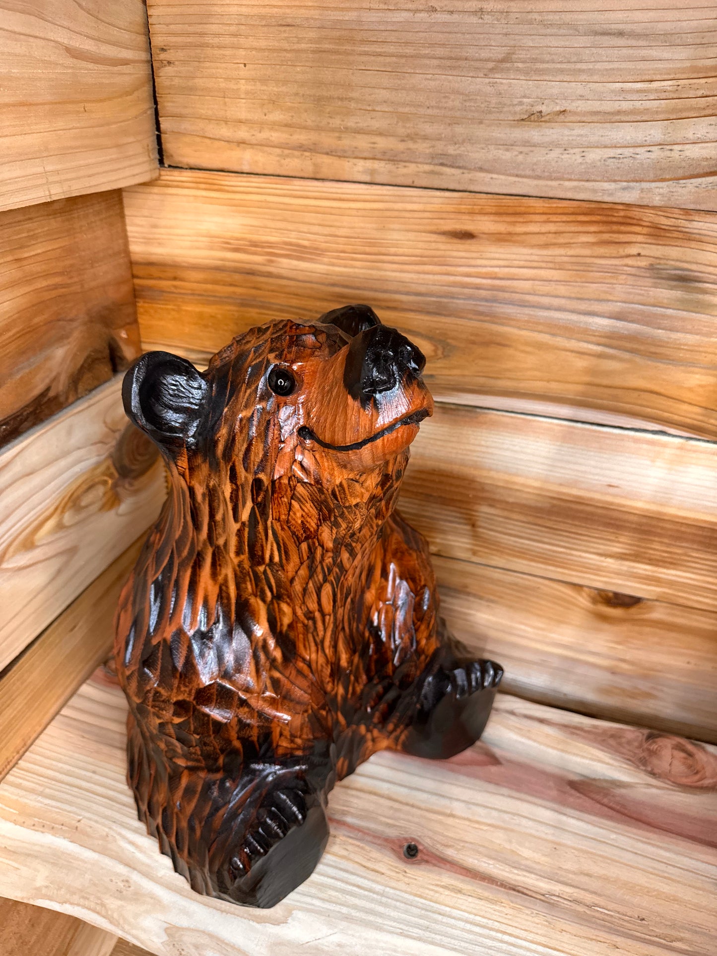 Chainsaw Carved Looking-Up Bear – 15” Giant Sequoia Redwood