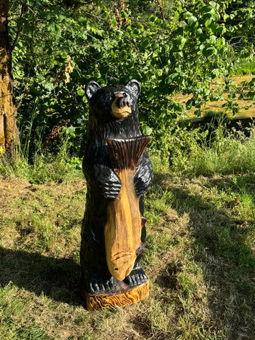 Wood Carved 48" Bear with Fish - Black