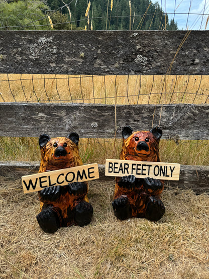 Wood Carved Bear Holding Sign 15" - Customizable - Brown