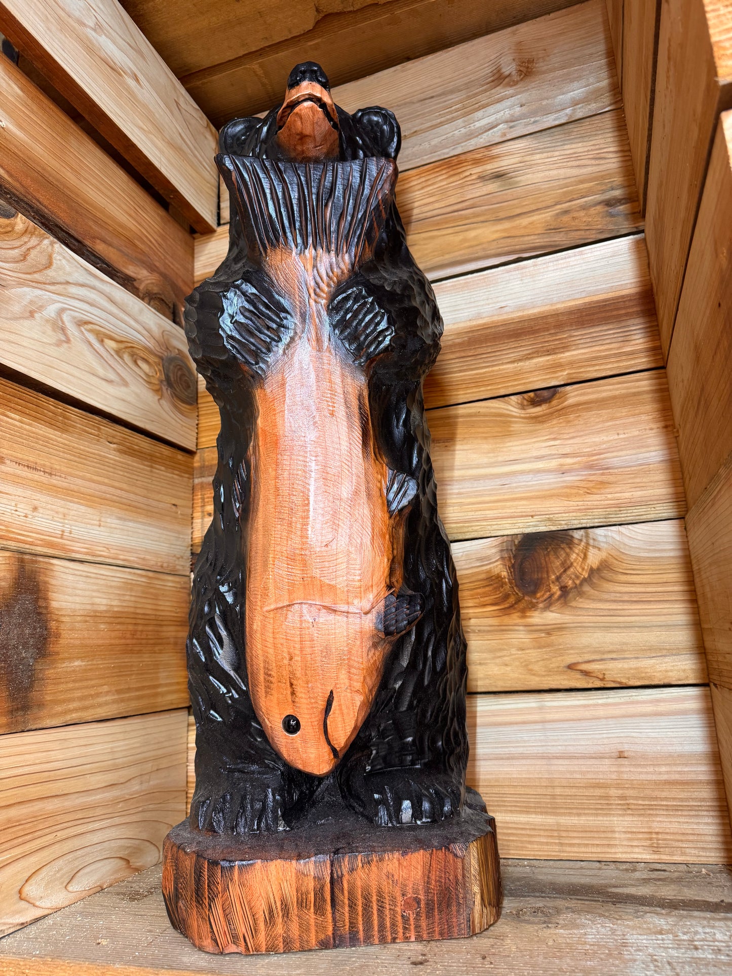 Wood Carved Bear with Fish 30" - Black
