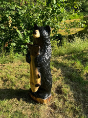 Wood Carved 48" Bear with Fish - Black