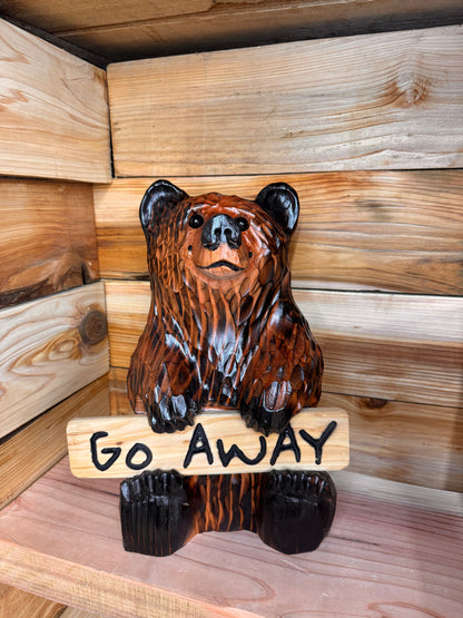 Wood Carved Bear Holding Welcome/Go Away Sign - Customizable, 15 Inches Tall - Brown