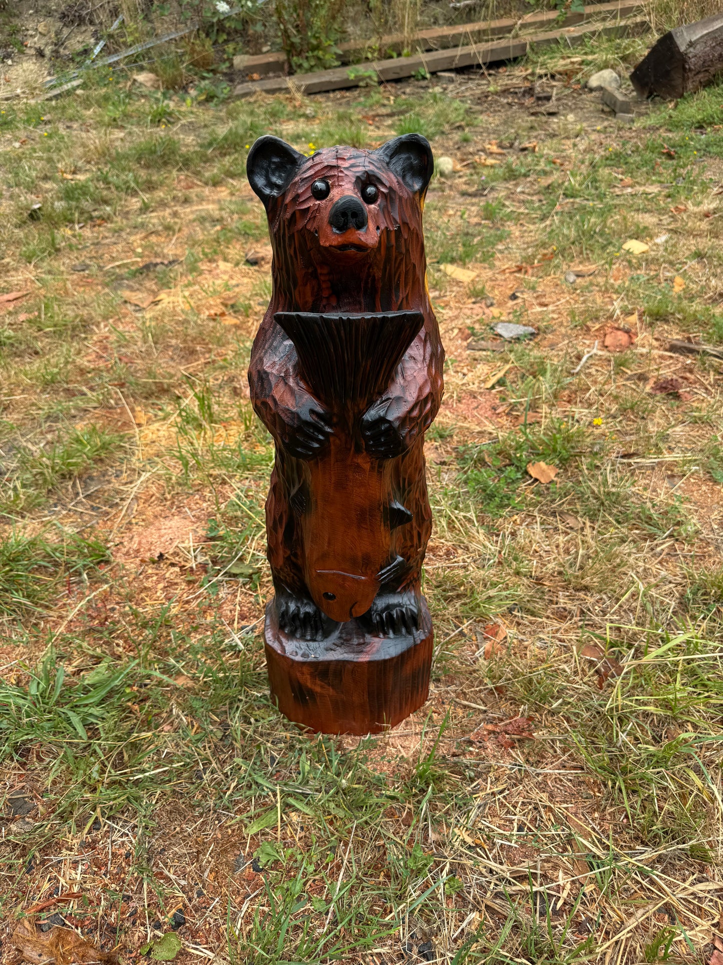 28-Inch Redwood Chainsaw Carved Fishing Bear