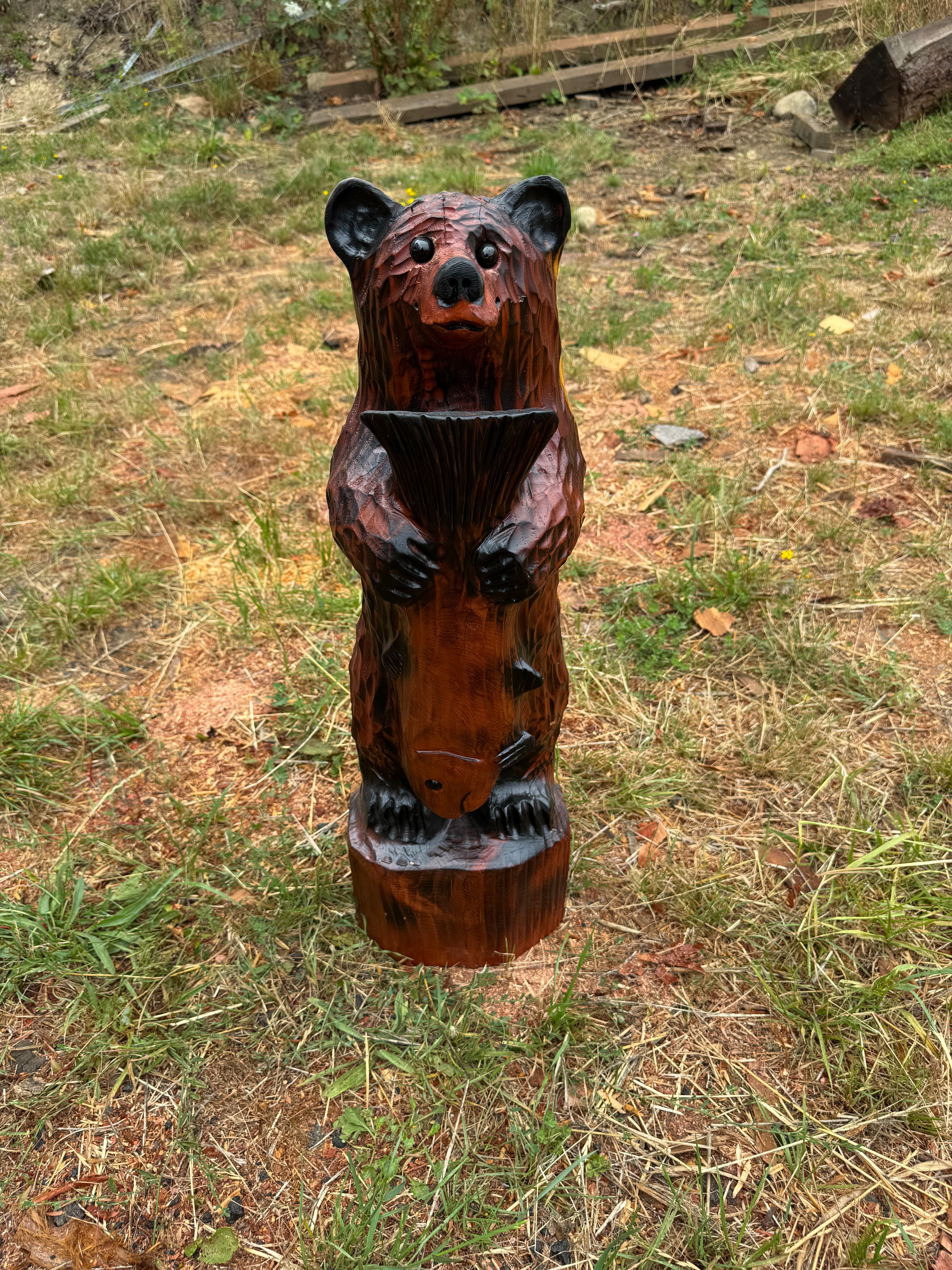 28-Inch Redwood Chainsaw Carved Fishing Bear