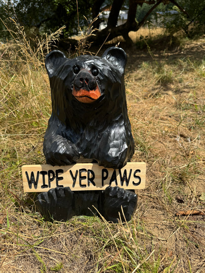 Wood Carved Bear Holding Reversible Welcome Sign - Customizable, 15 Inches Tall - Black