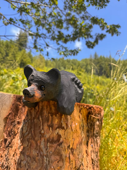 Chainsaw Carved Black Mantle Bear with Hanging Paws – 10”
