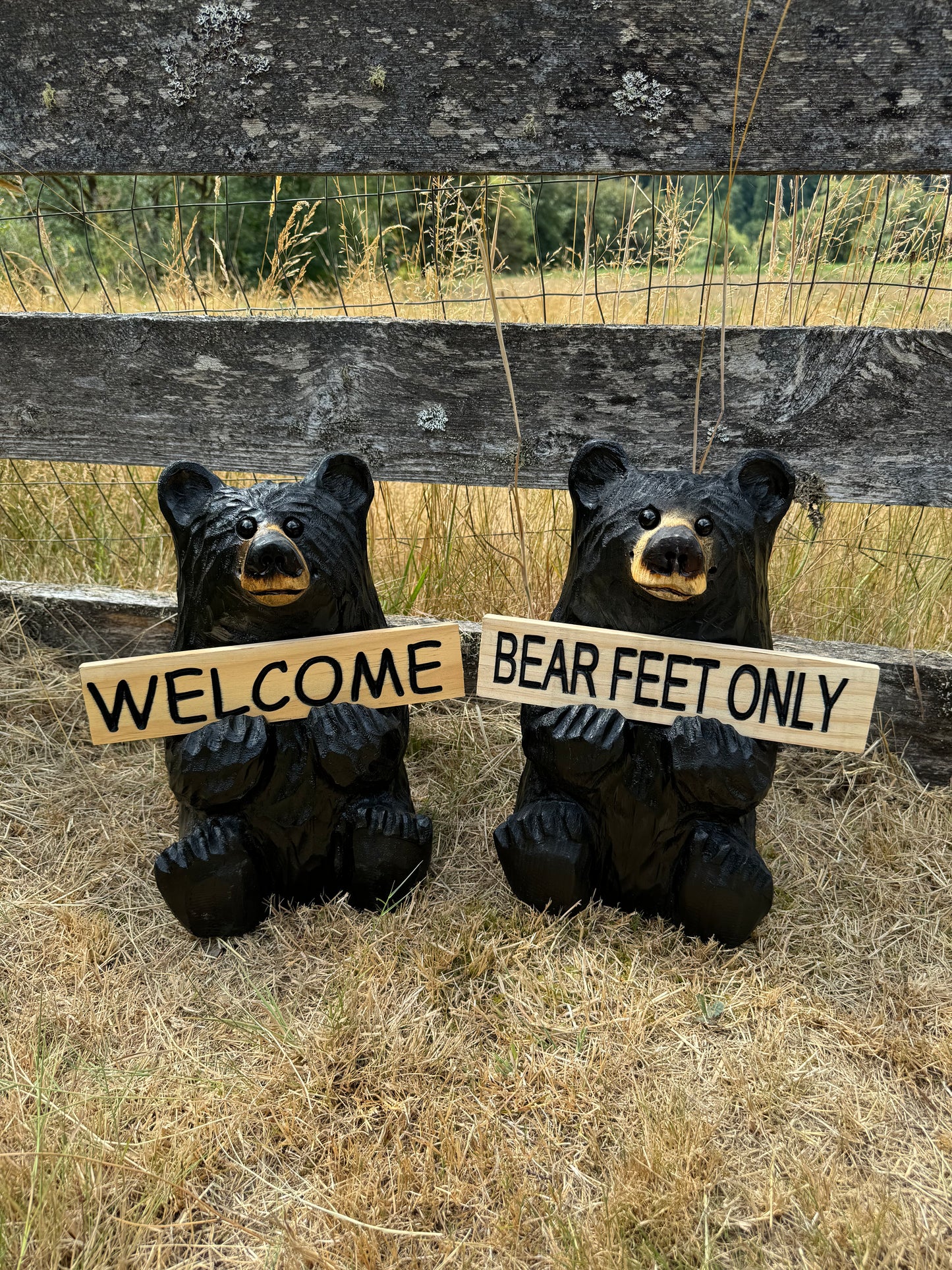 Wood Carved Bear Holding Sign 15" - Customizable - Black