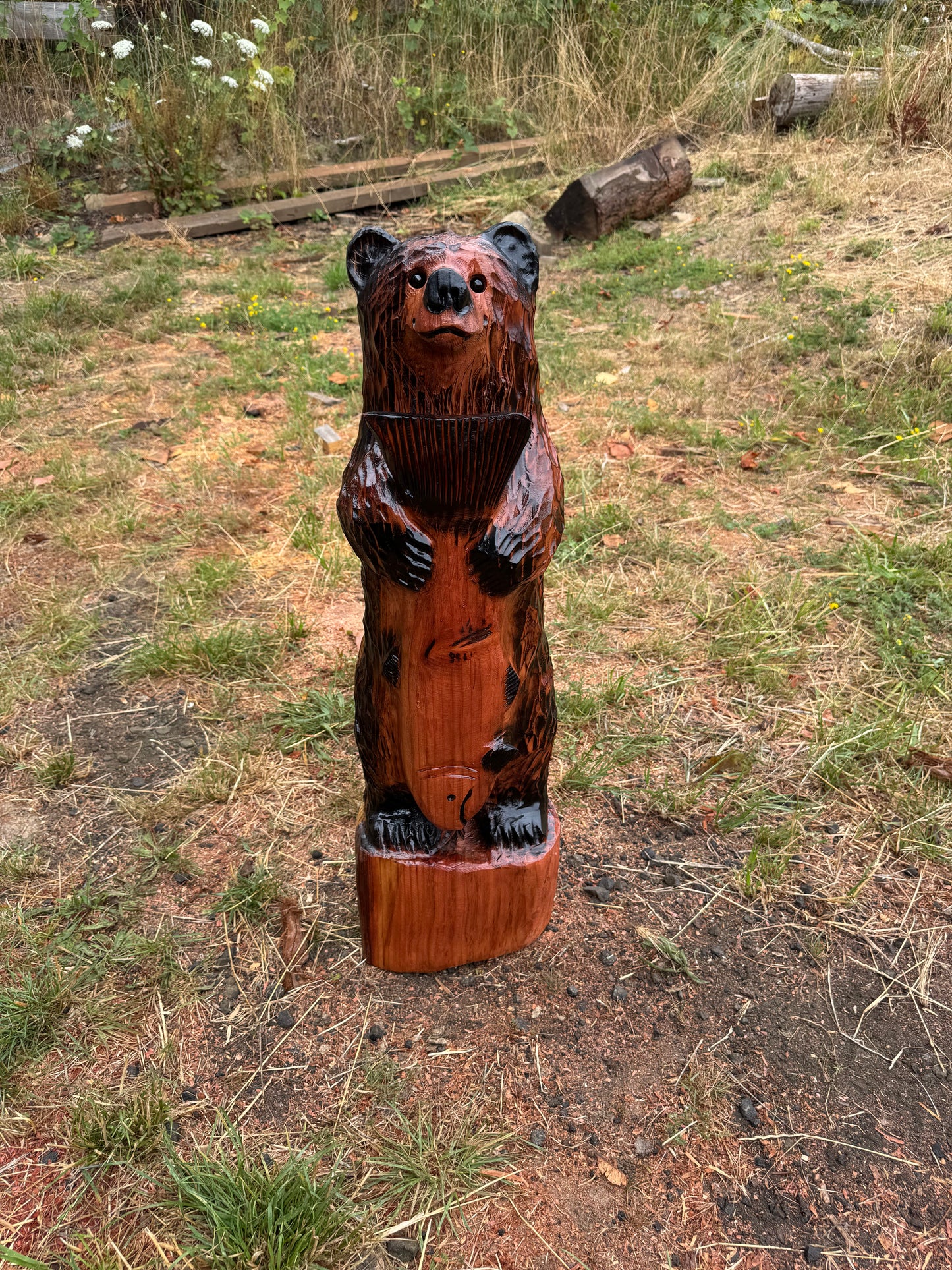 Chainsaw Carved Brown Bear Holding a Fish - Redwood - 32 inches