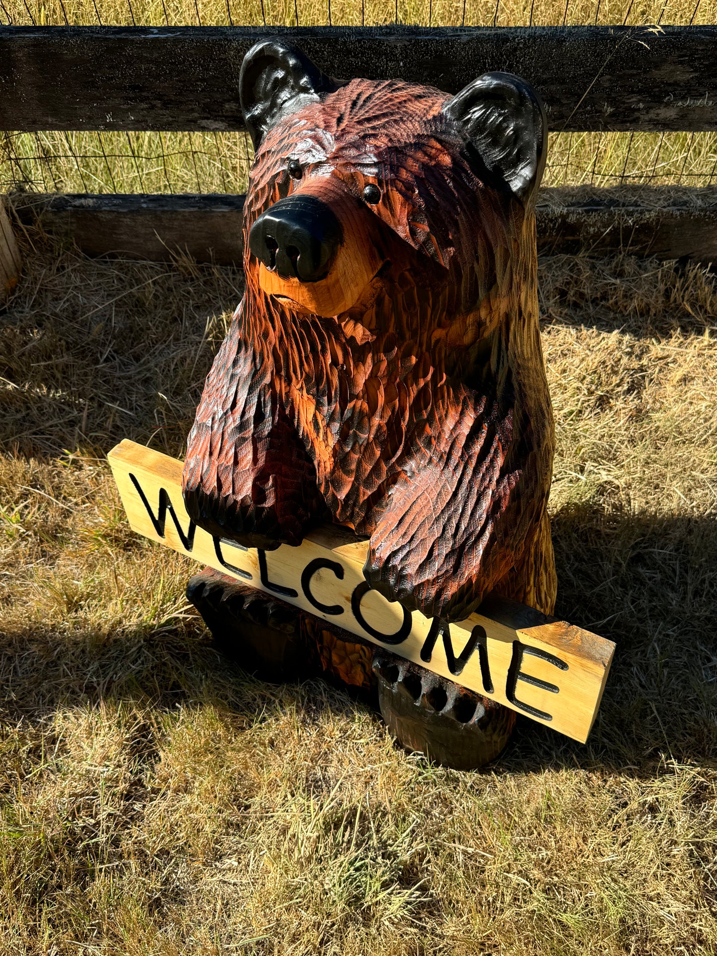 Handcrafted 30" Bear with Reversible Welcome Sign - Customizable