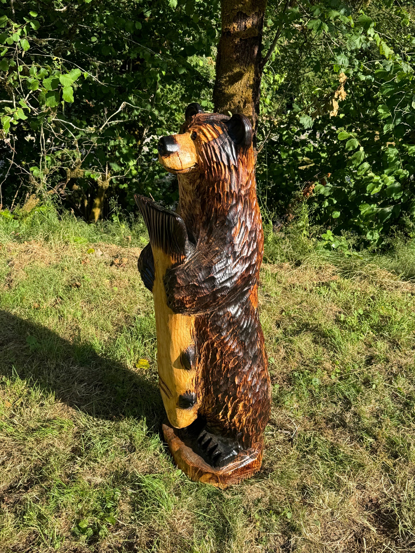 Wood Carved 48" Bear with Fish - Brown