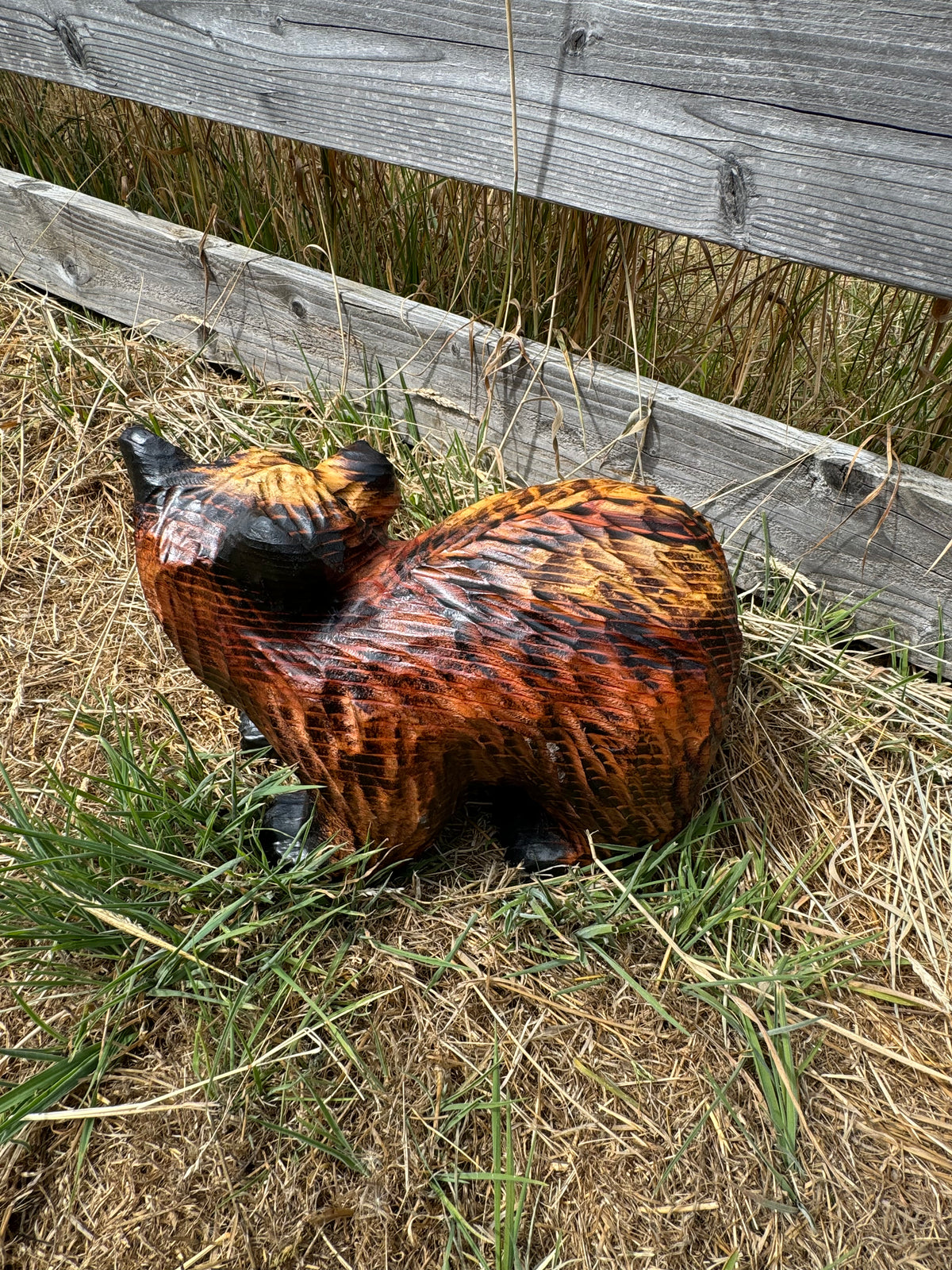 Chainsaw Carved Playful Brown Bear on All Fours – 15” Redwood