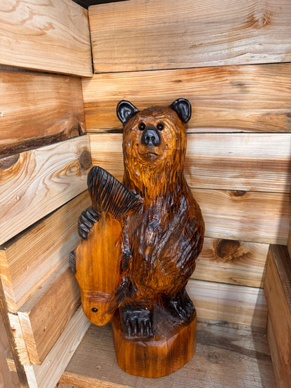 Chainsaw Carved Standing Bear Holding Fish – 24” Western Red Cedar