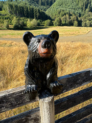 Hand-Carved Wood Bear Sitting and Looking Up - Unique Rustic Decor, 15 inches Tall - Black
