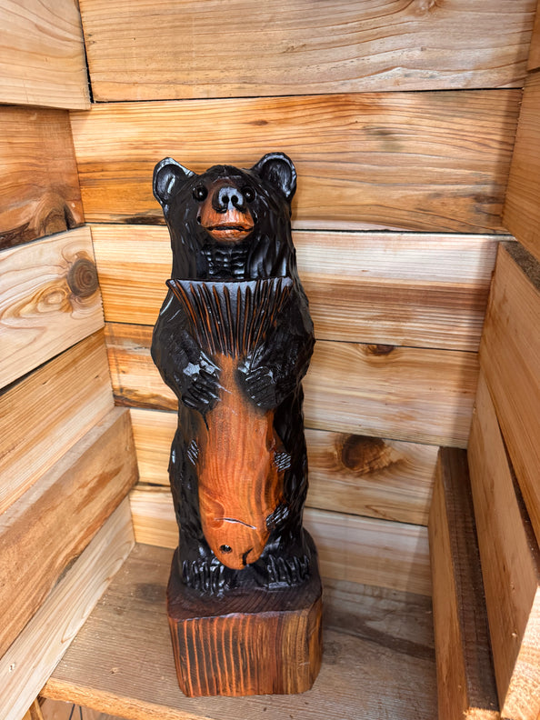 Handcrafted Wooden Bear with Fish 28" - Black