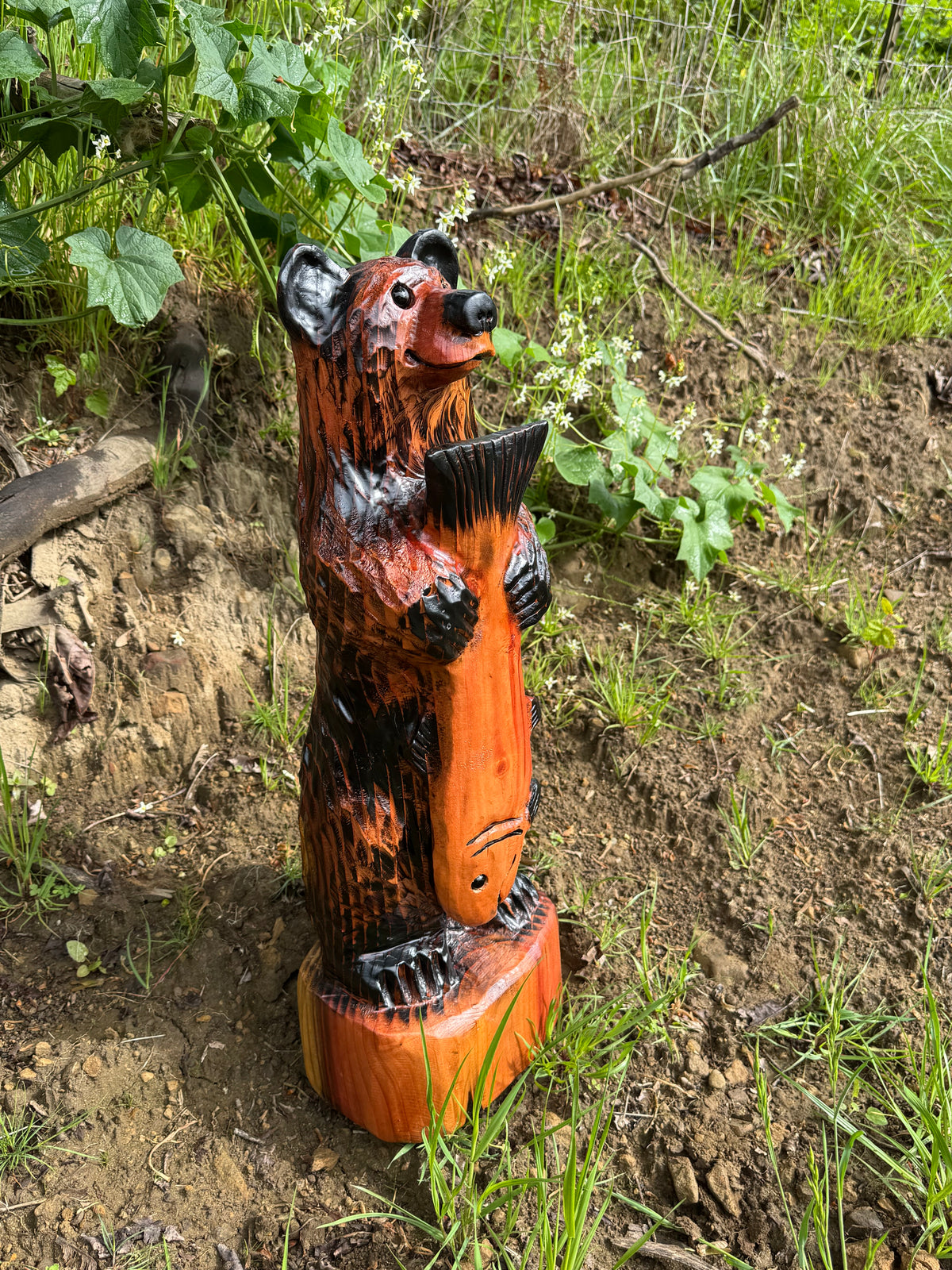 Handcrafted Wooden Bear with Fish 24" - Brown