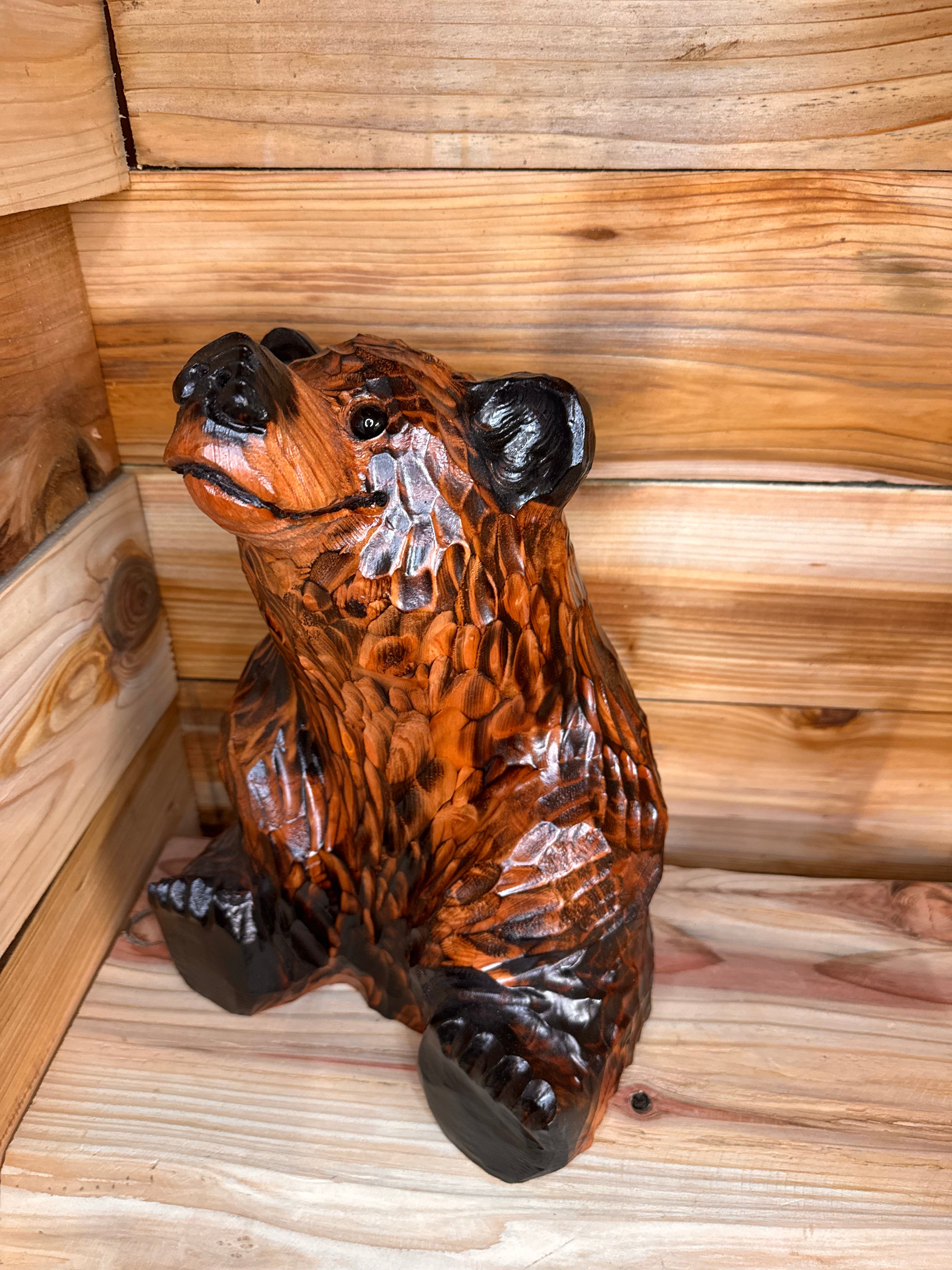 15" Chainsaw Carved Looking-Up Bear | Giant Sequoia Redwood