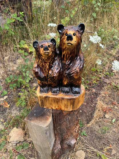 Chainsaw Carved Double Standing Brown Bears on Base – 25 inches