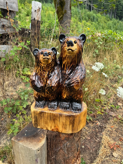 Chainsaw Carved Double Standing Brown Bears on Base – 25 inches