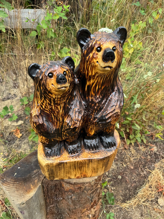 Chainsaw Carved Double Standing Brown Bears on Base – 25 inches