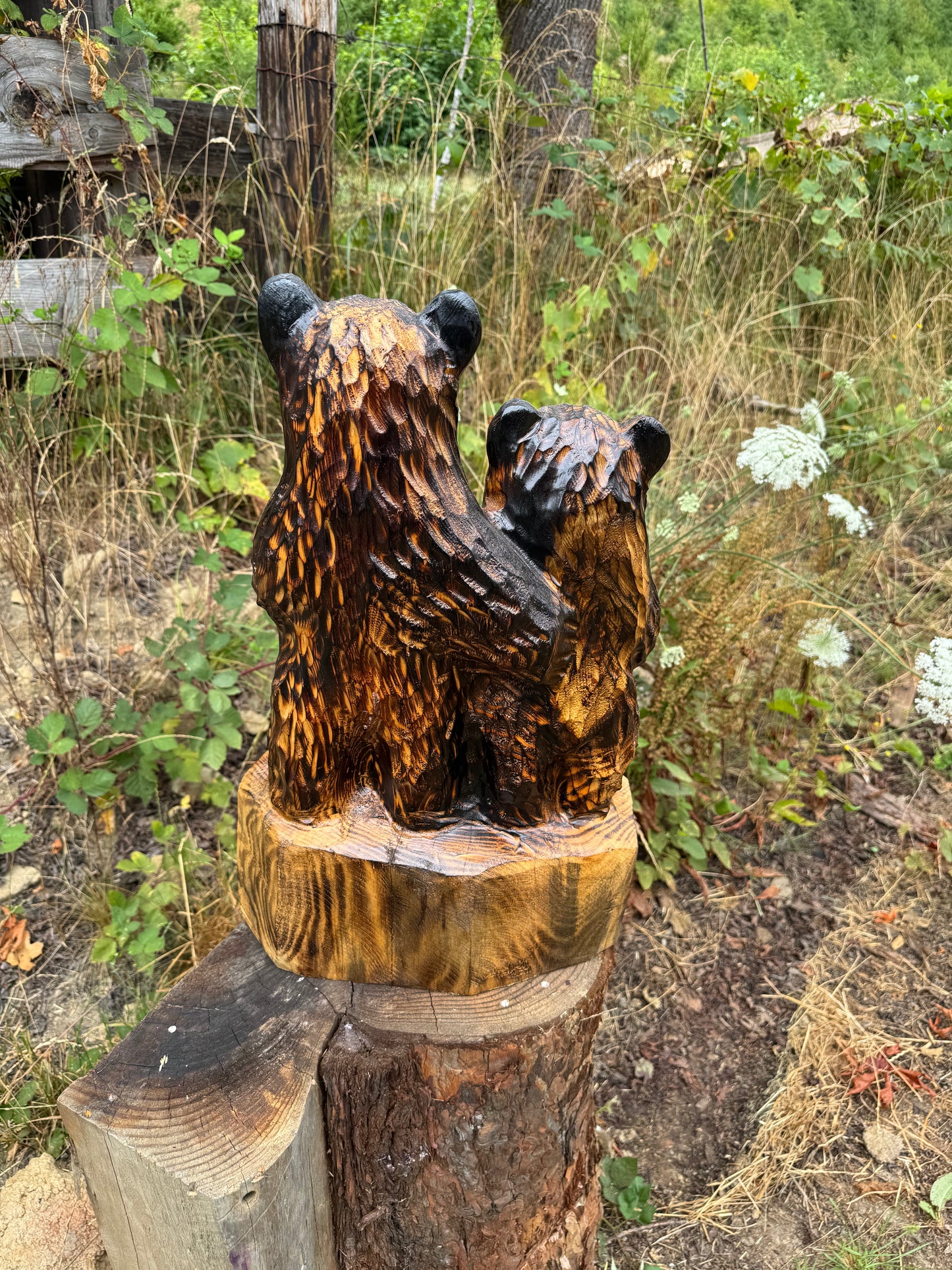 Chainsaw Carved Double Standing Brown Bears on Base – 25 inches