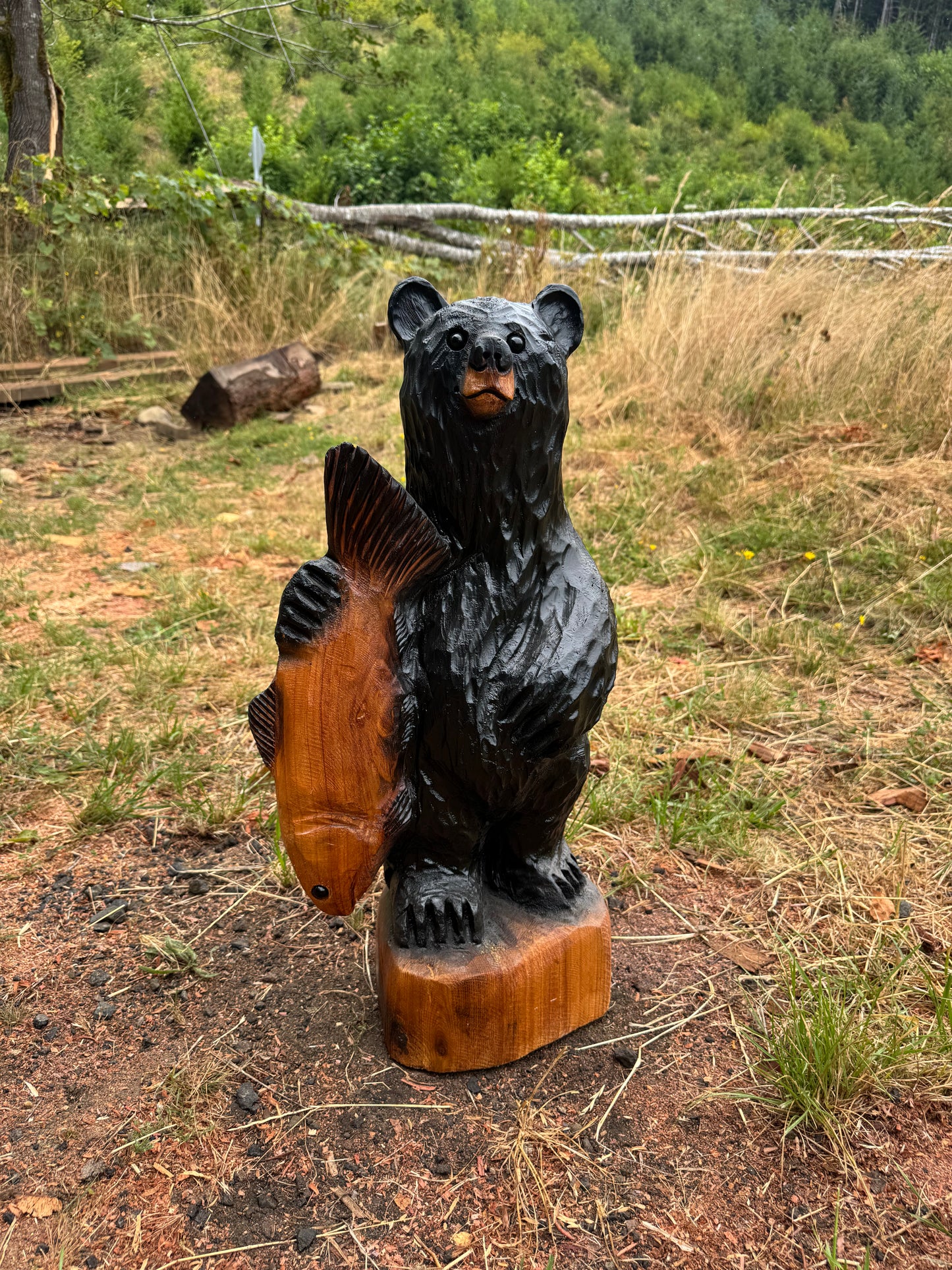 Wood Carved Bear with Fish - 24" - Black