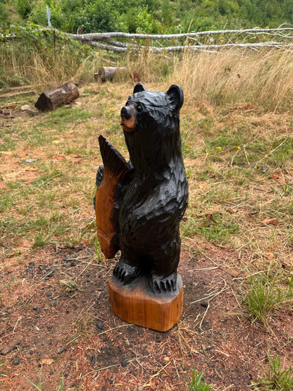 Wood Carved Bear with Fish - 24" - Black