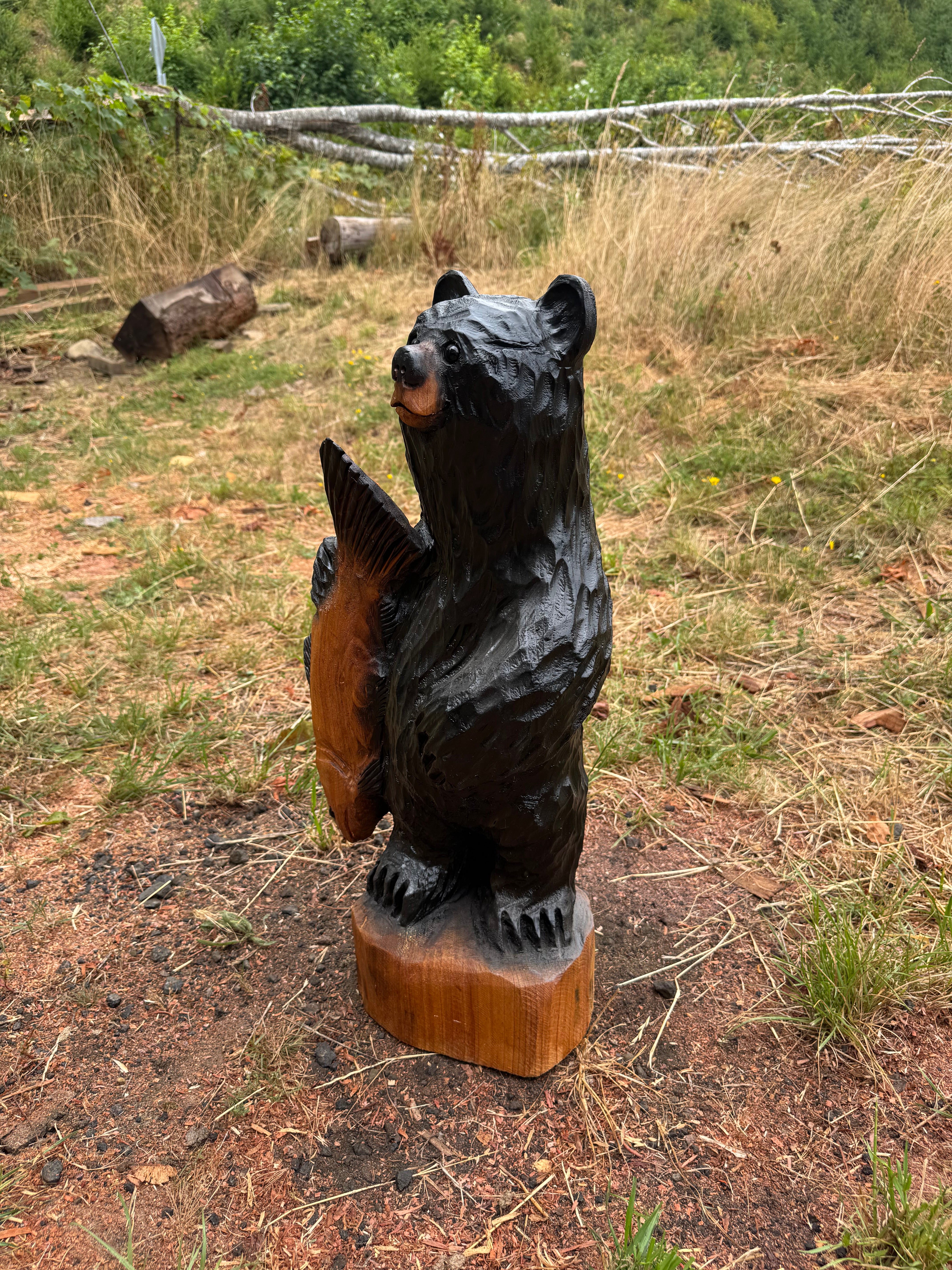 Wood Carved Black Bear with Fish - Cedar -  27 inches