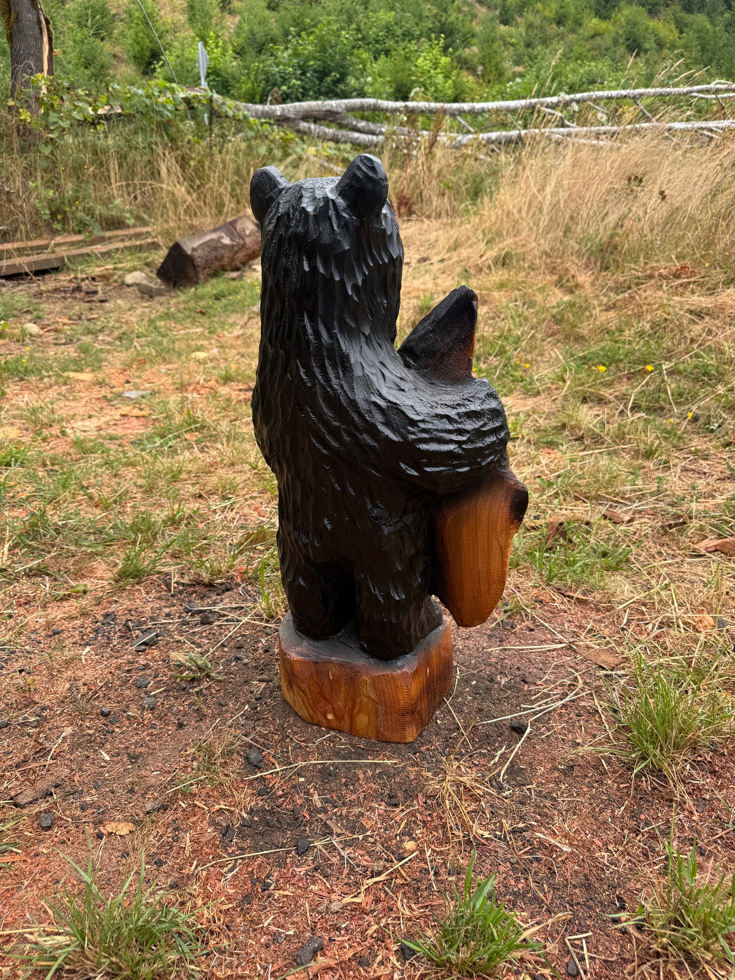 Wood Carved Bear with Fish - 24" - Black