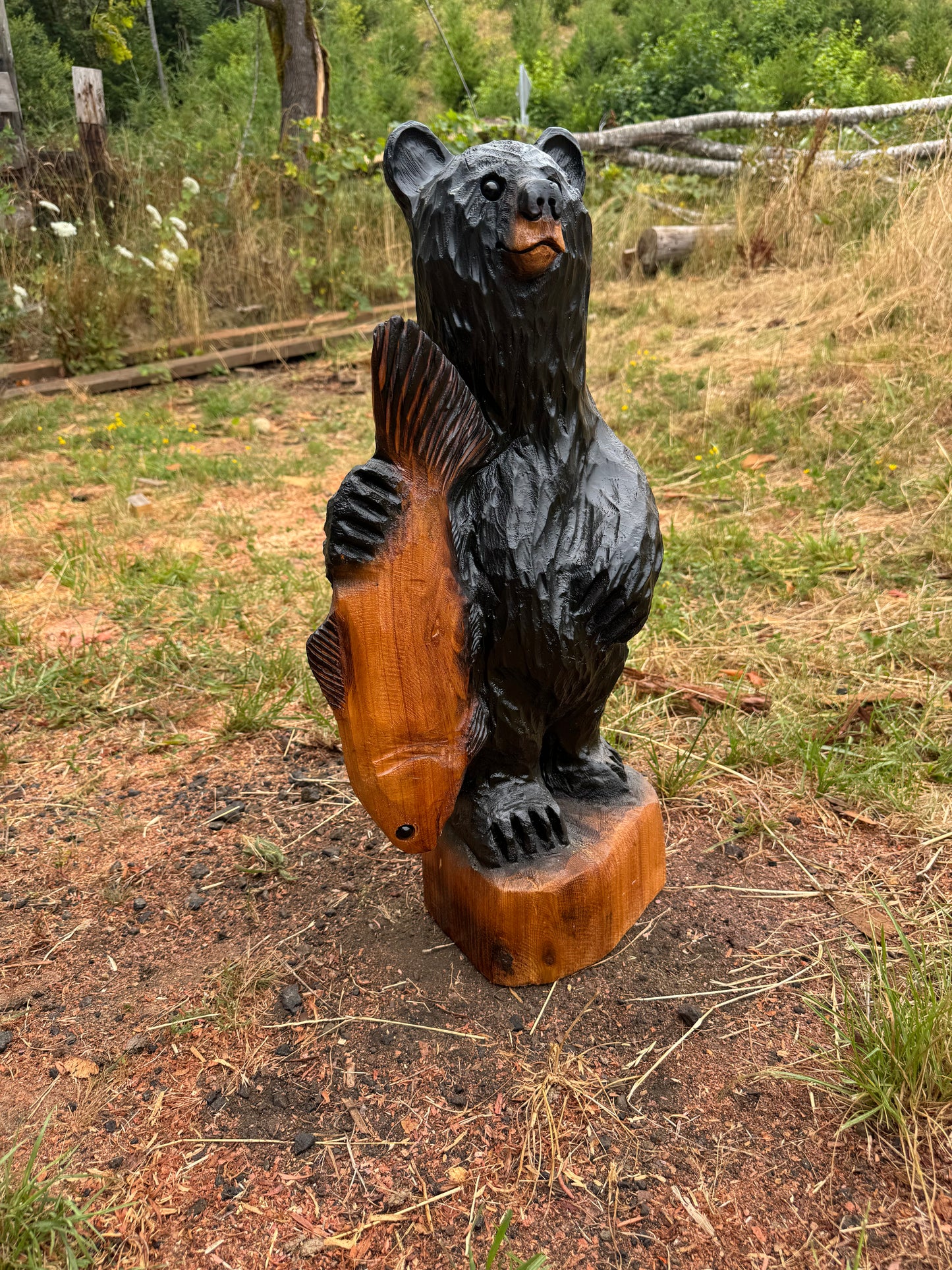 Wood Carved Bear with Fish - 24" - Black