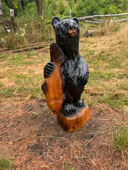 Wood Carved Bear with Fish - 24" - Black