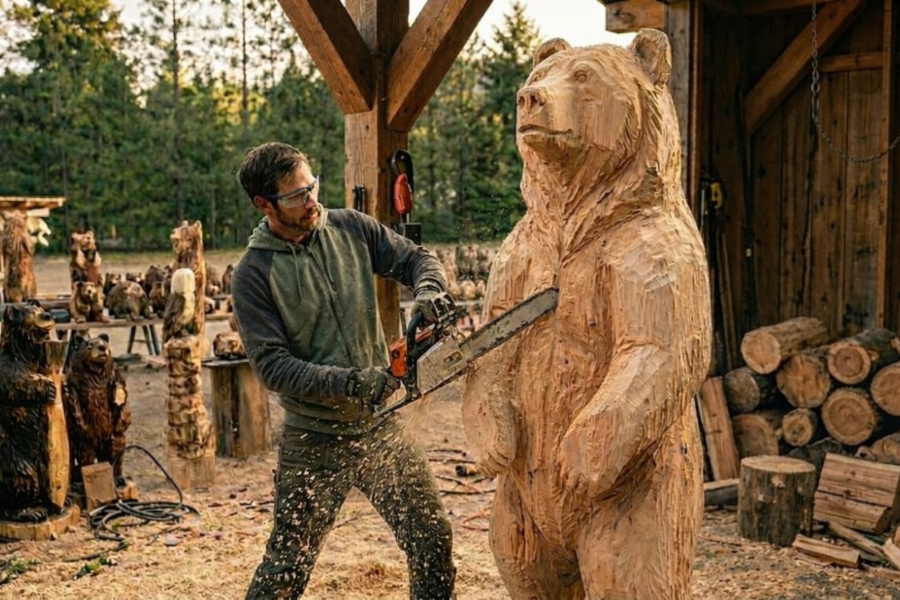 Man carving a bear out of wood with a chainsaw in an outdoor setting.
