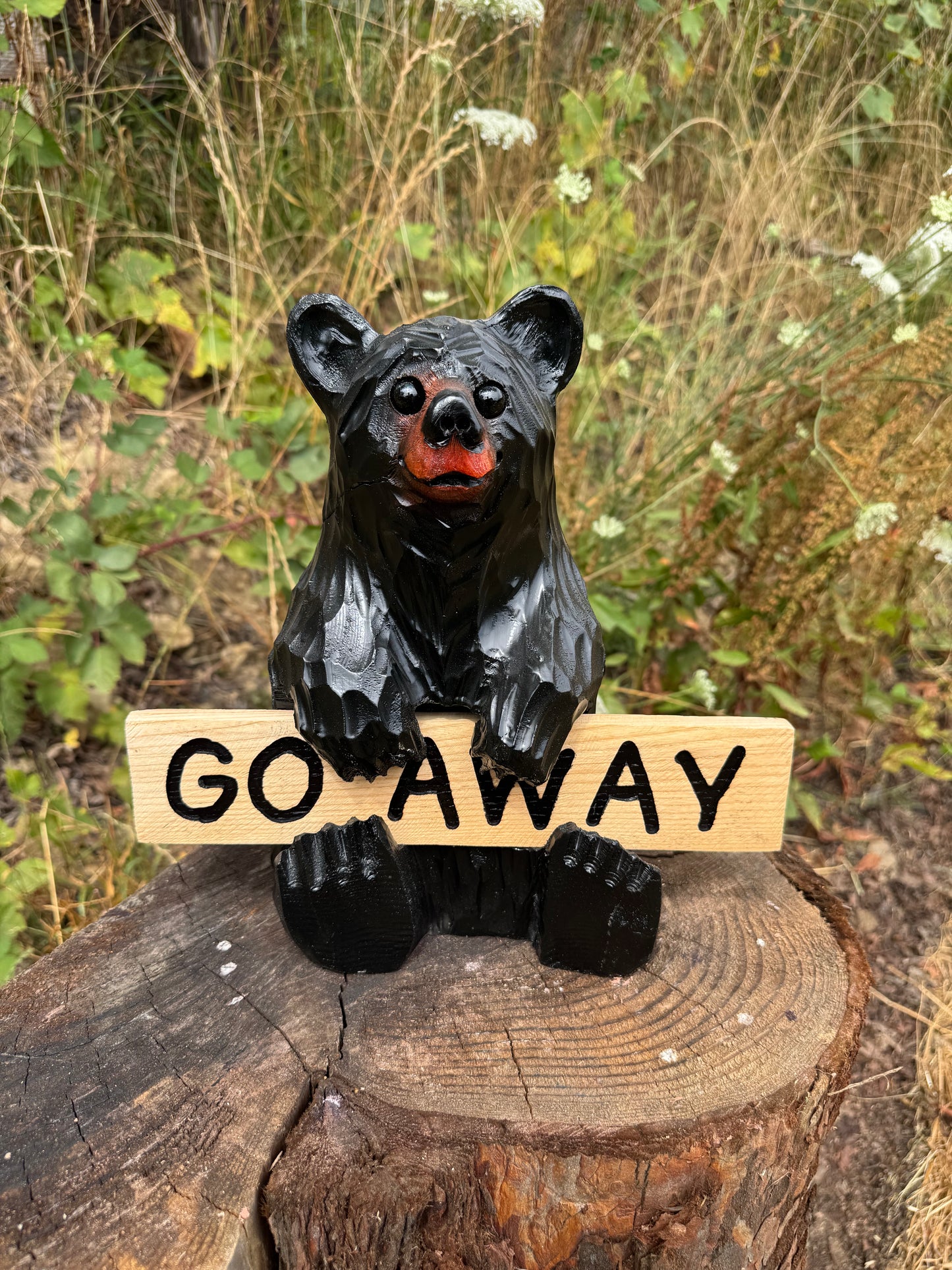 Wood Carved Bear Holding Welcome, Reversible Sign 11''- Customizable