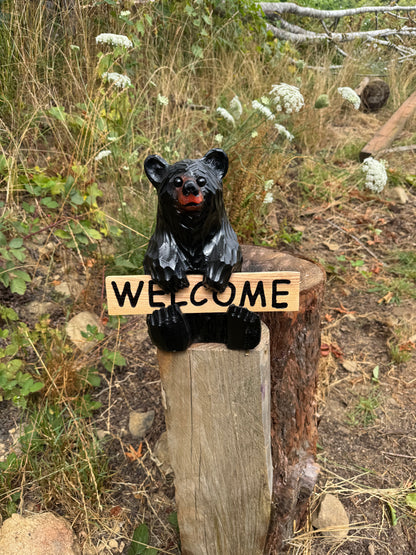 Wood Carved Bear Holding Welcome, Reversible Sign 11''- Customizable
