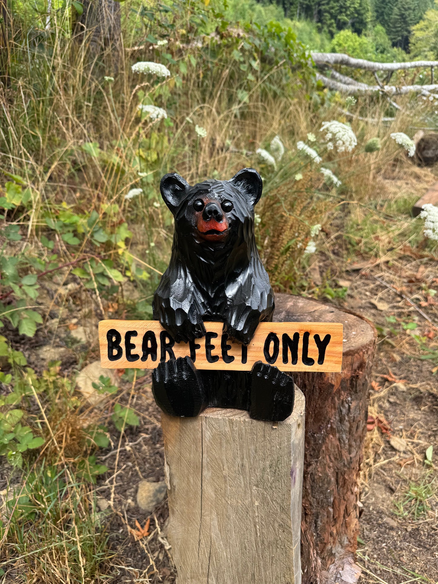 Wood Carved Bear Holding Welcome, Reversible Sign 11''- Customizable