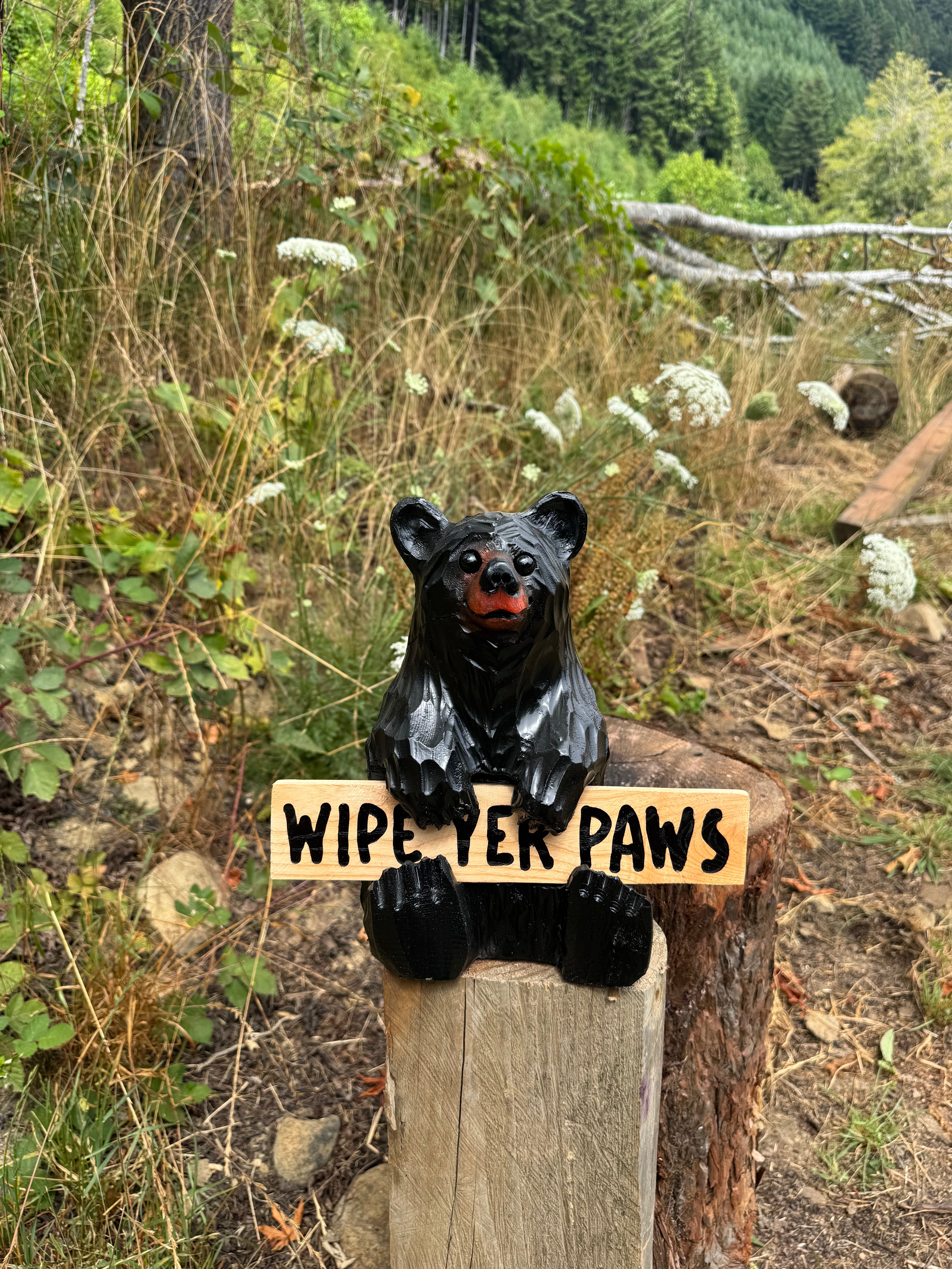 11" Sitting Black Bear with Reversible Sign | Giant Sequoia Redwood