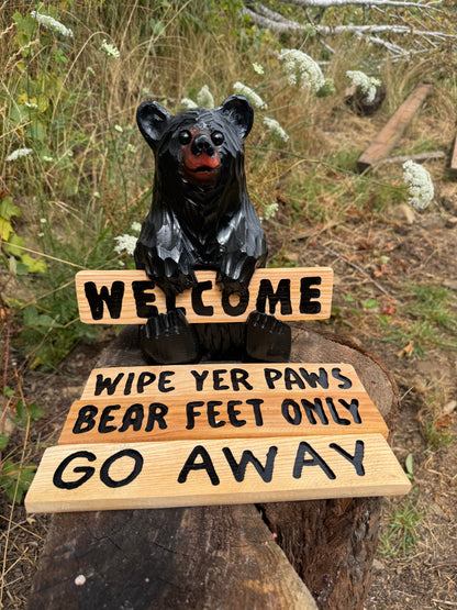 Wood Carved Bear Holding Welcome, Reversible Sign 11''- Customizable