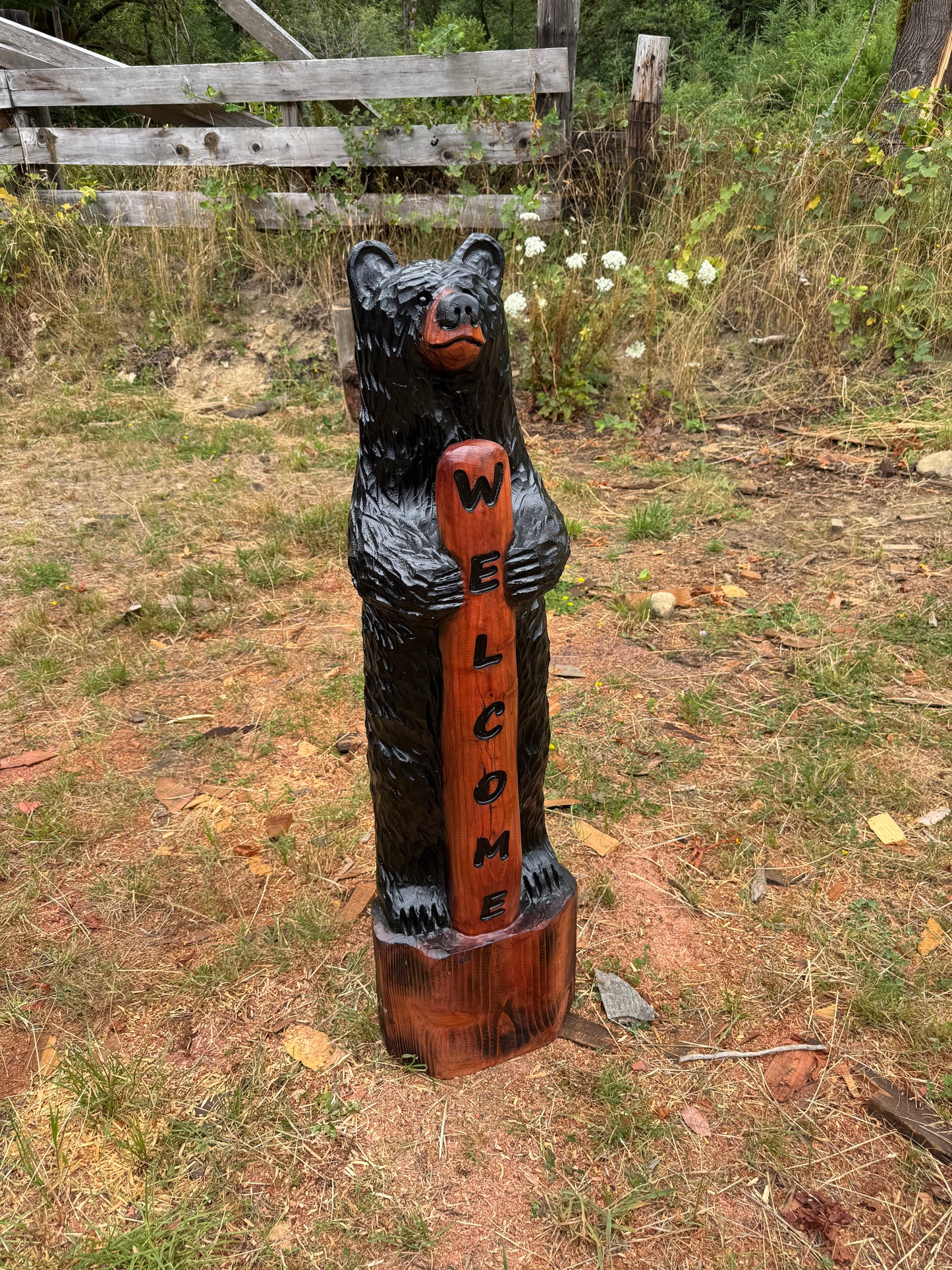 Chainsaw Carved 48" Black Welcome Bear – Giant Sequoia Redwood