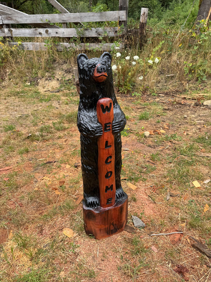 Chainsaw Carved 48" Black Welcome Bear – Giant Sequoia Redwood